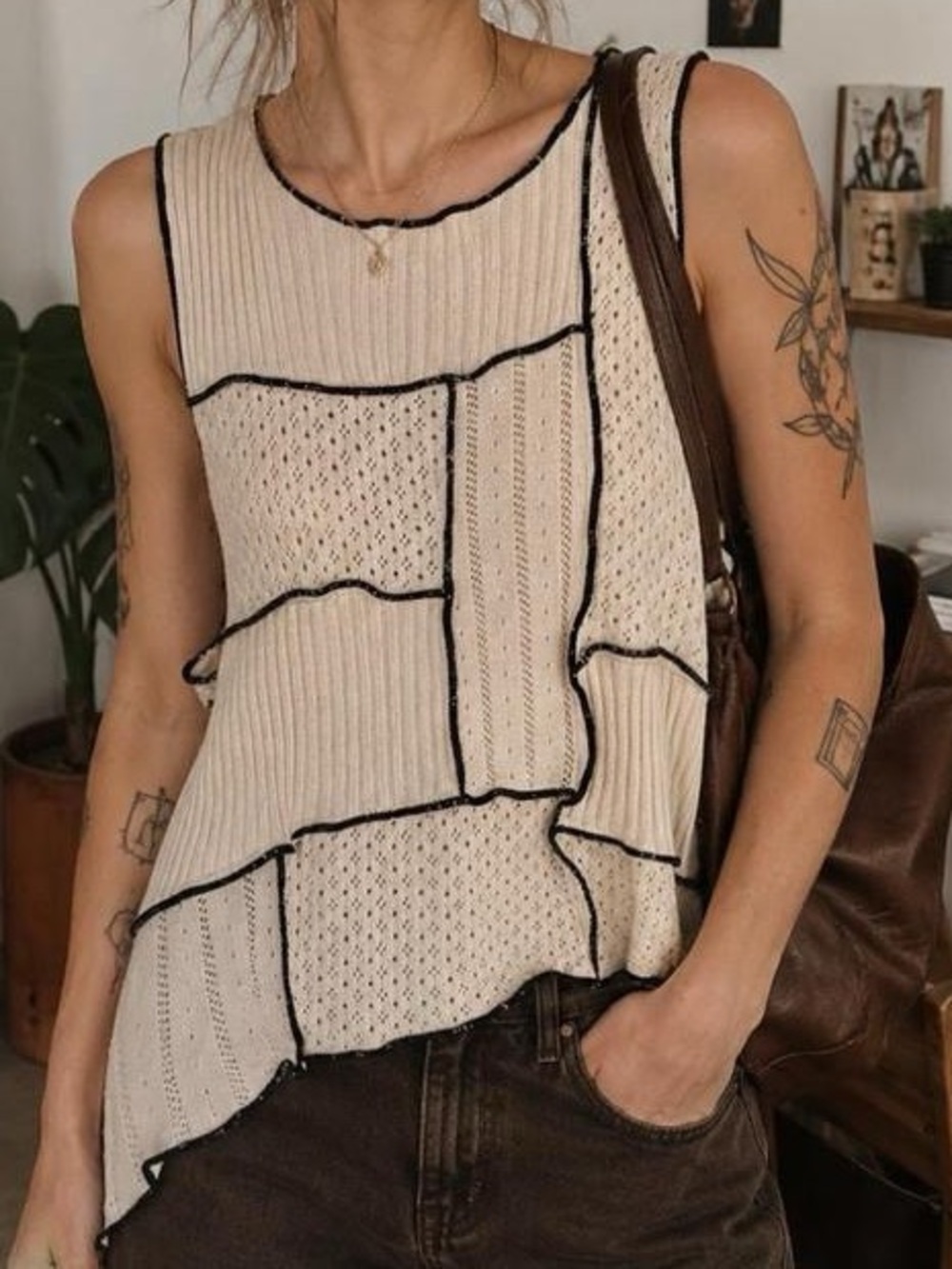 Gilded Intent Cream Patchwork Knit Tank with Black Trim